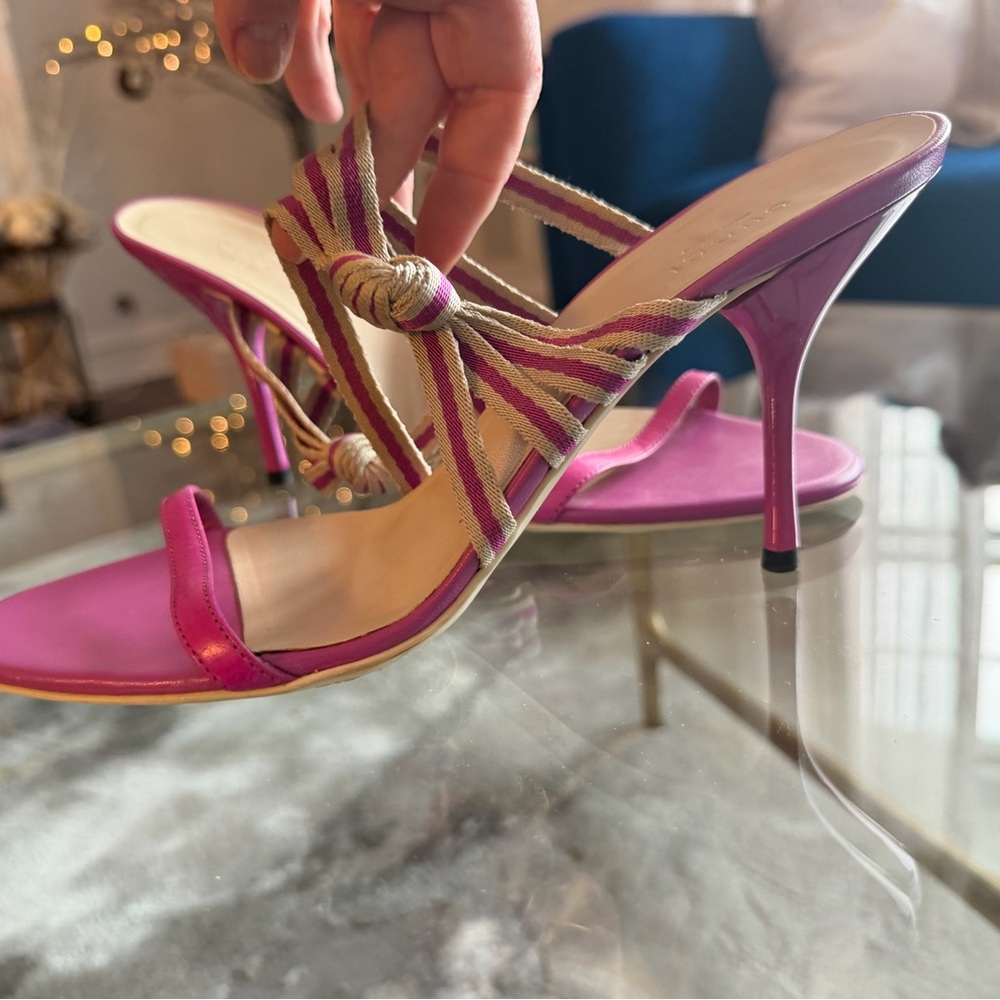 Gucci Web Stripe Pink & Beige strappy sandals heels style #141566 10B 40B